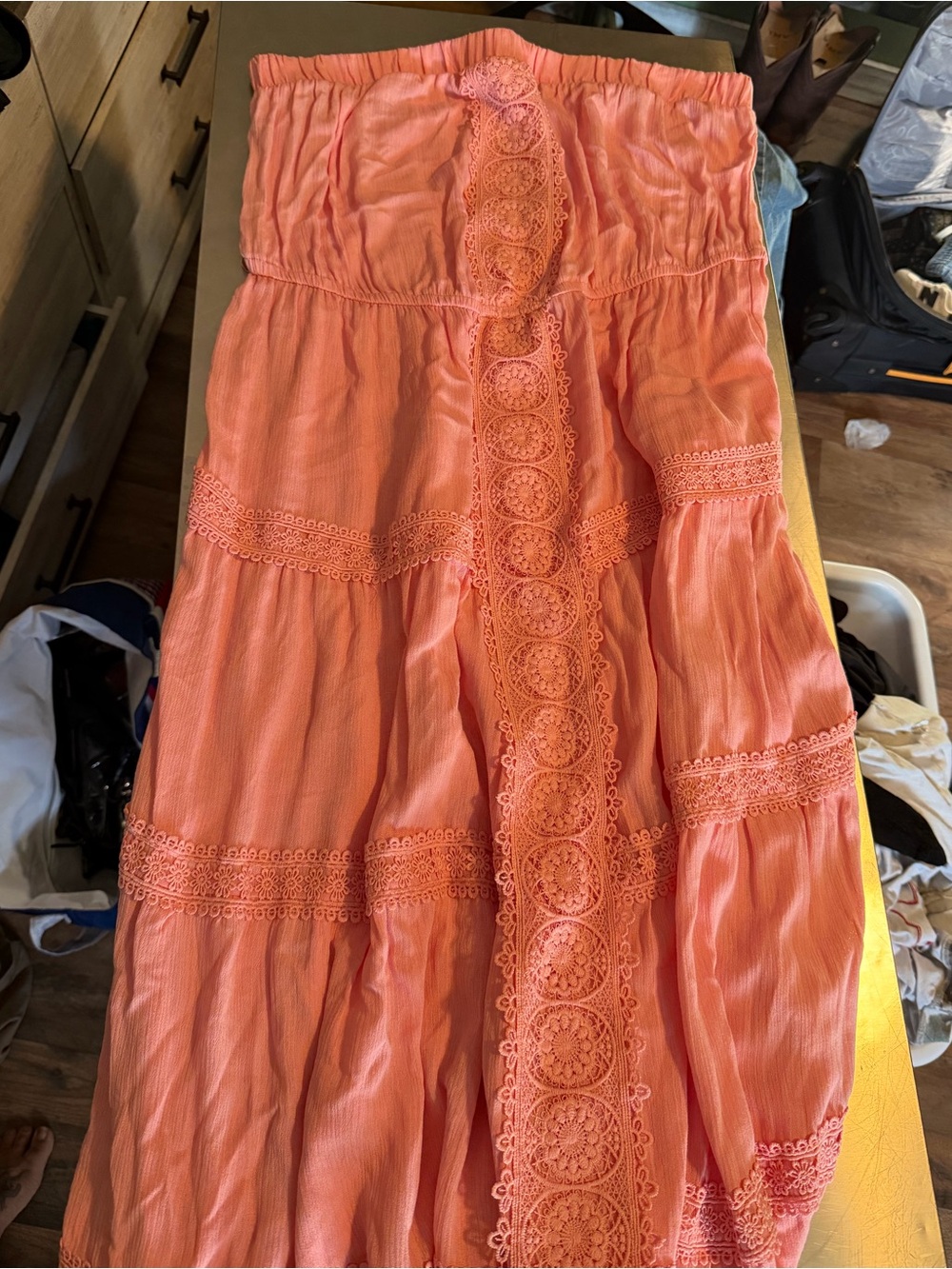 Strapless Coral Lace-Trim Maxi Dress